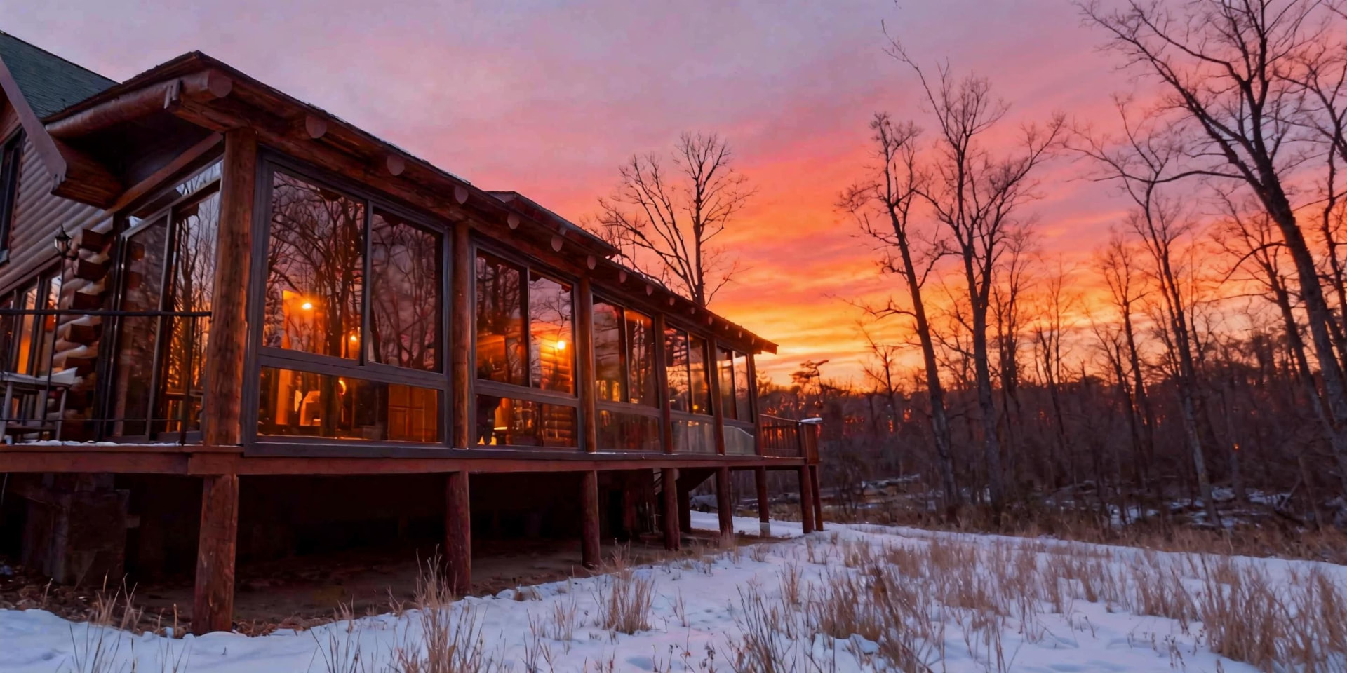 Fill-in sunroom at dusk with a fiery sunset