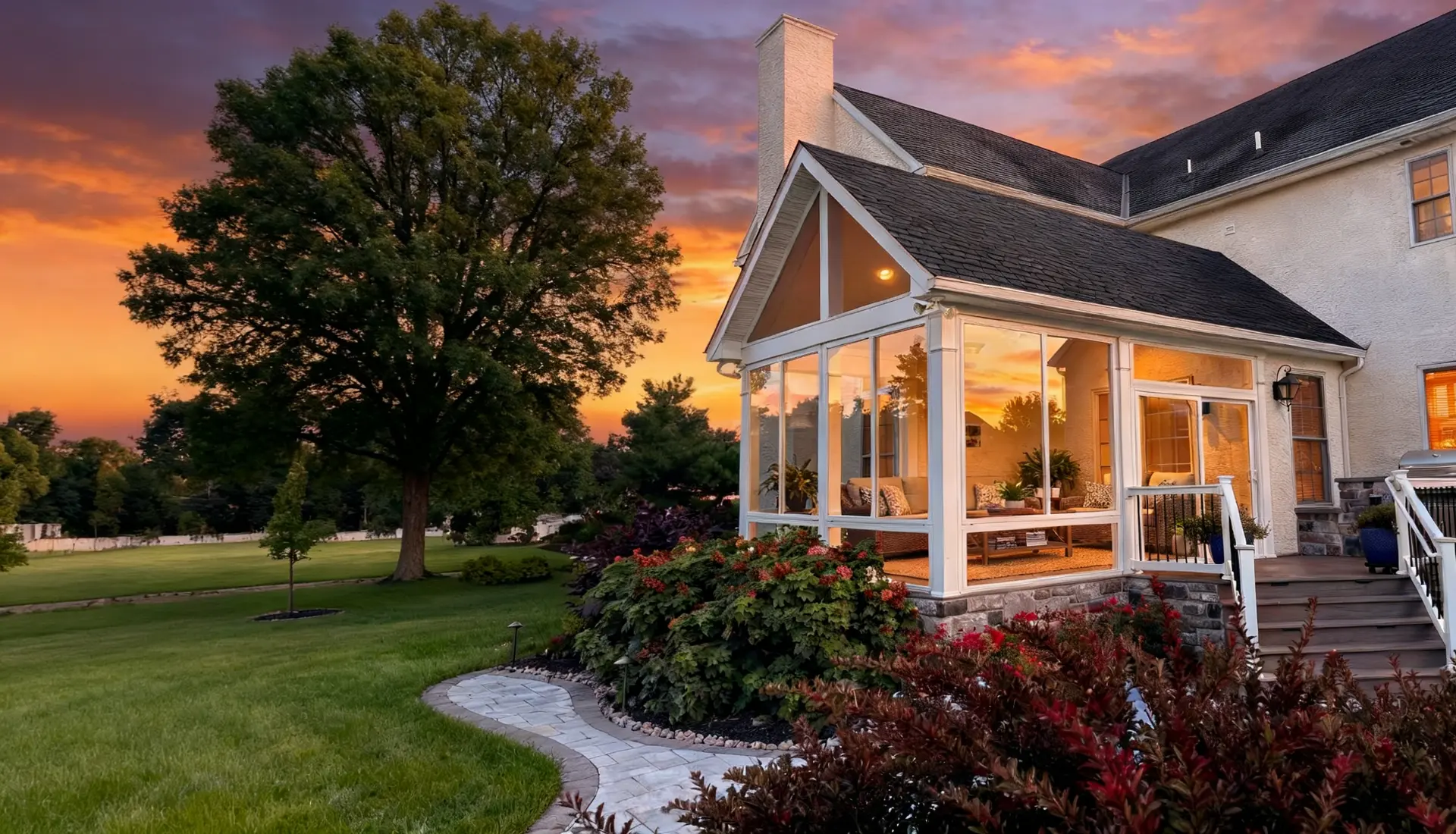 White gable sunroom on an evening lawn